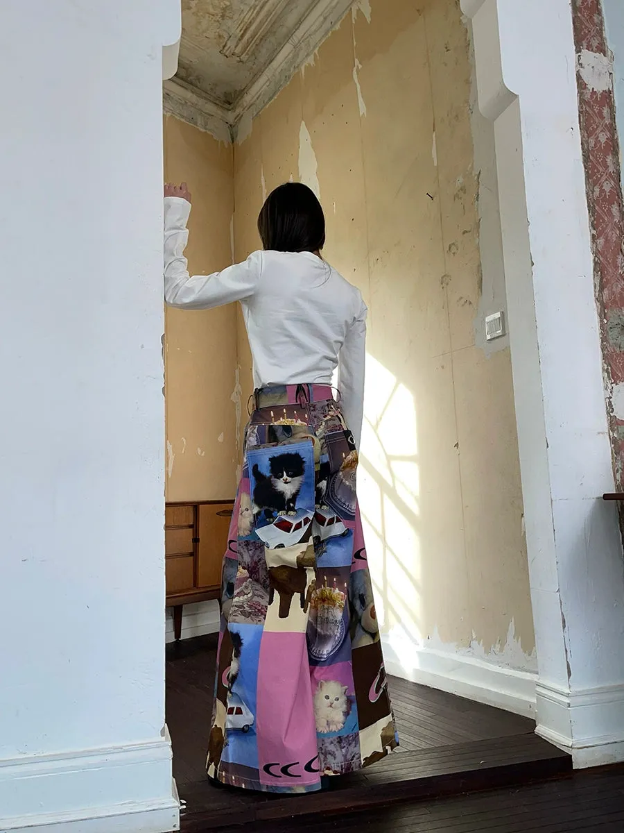 Cat Print Cake Birthday Wide-Leg Pants