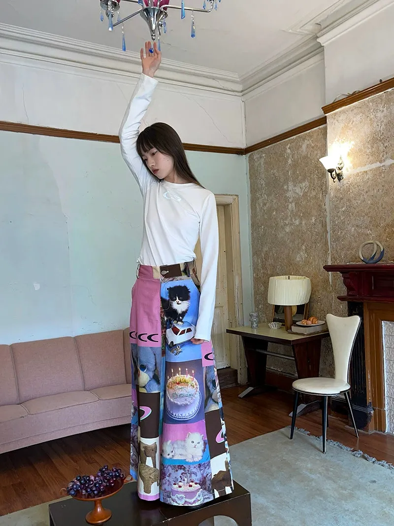 Cat Print Cake Birthday Wide-Leg Pants