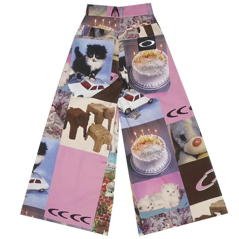 Cat Print Cake Birthday Wide-Leg Pants
