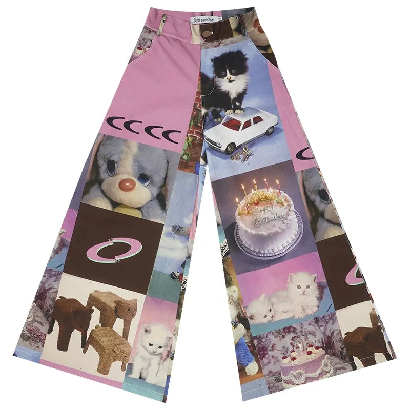 Cat Print Cake Birthday Wide-Leg Pants