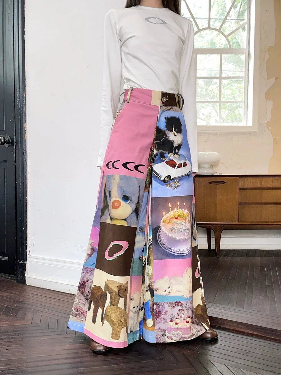 Cat Print Cake Birthday Wide-Leg Pants