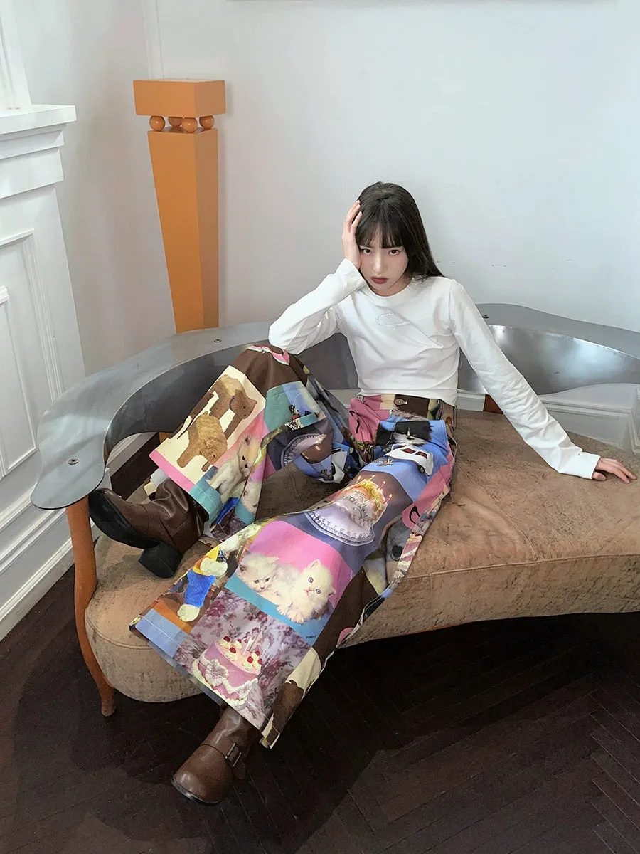 Cat Print Cake Birthday Wide-Leg Pants