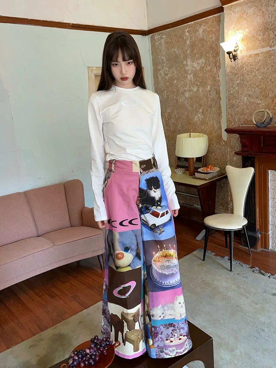 Cat Print Cake Birthday Wide-Leg Pants