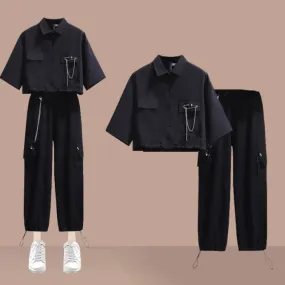 Chic Chain Pocketed Polo T-Shirt Casual Cargo Pants