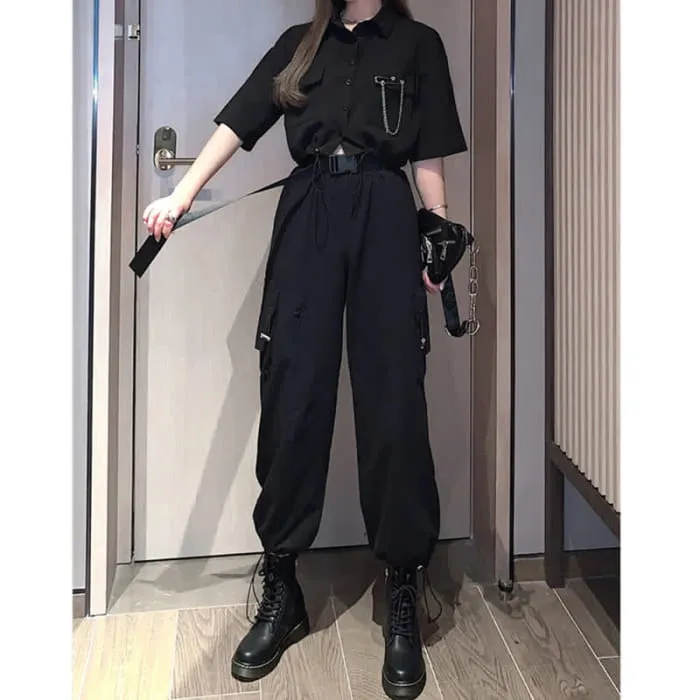 Chic Chain Pocketed Polo T-Shirt Casual Cargo Pants
