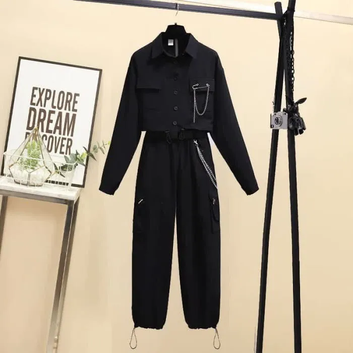 Chic Chain Pocketed Polo T-Shirt Casual Cargo Pants