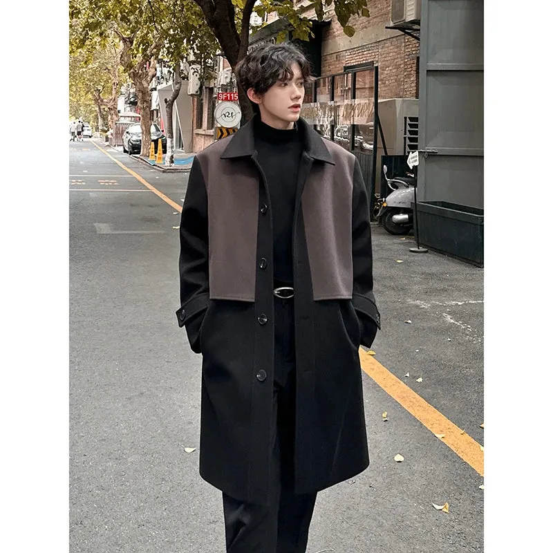 Chicmy-Autumn Winter Contrast Color Trench Woolen Coat Men's Medium Long High Street Korean Fashion Male Turn-down Collar Overcoat