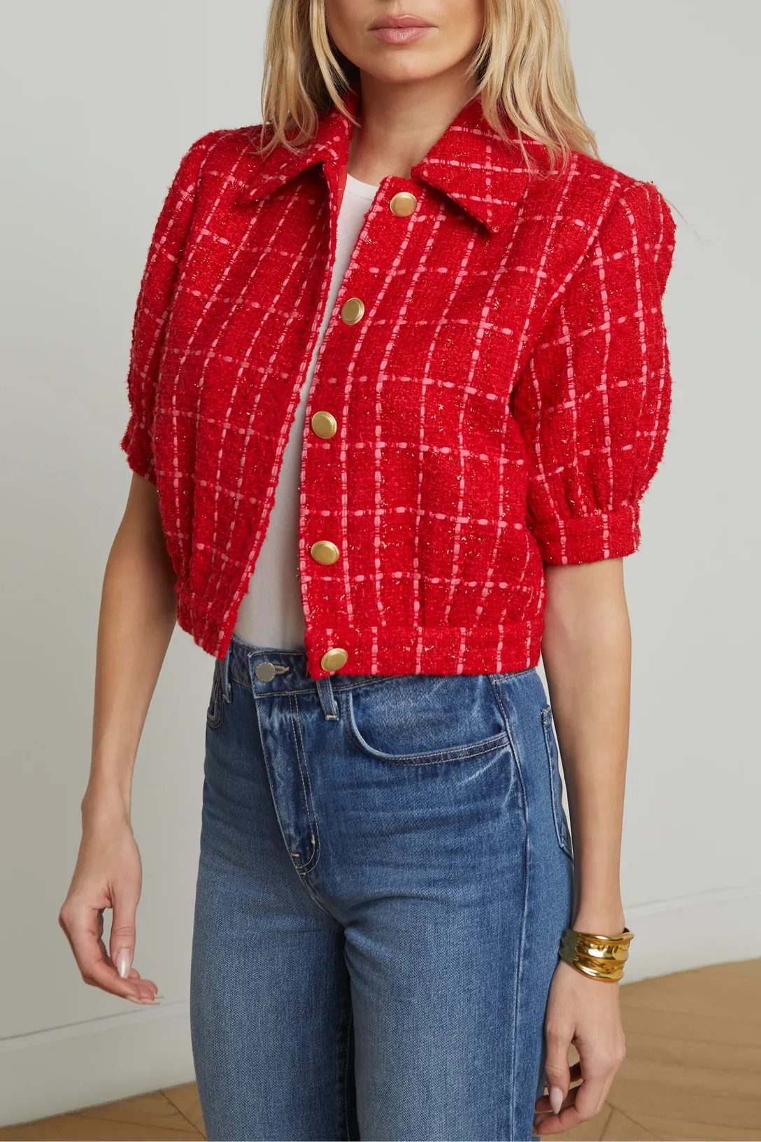 Cove Cropped Tweed Jacket | Red / Hot Pink Plaid