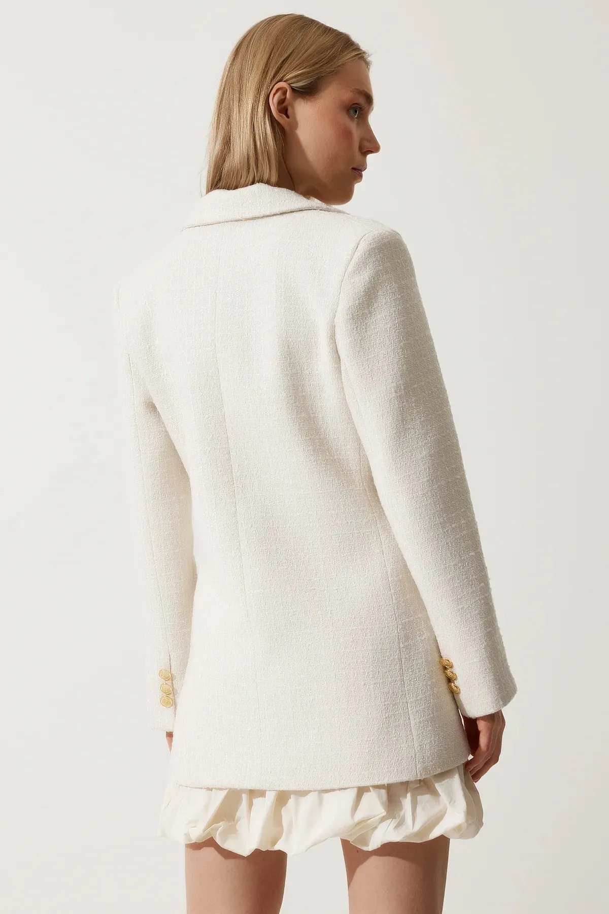 Cream Buttoned Blazer Tweed Jacket