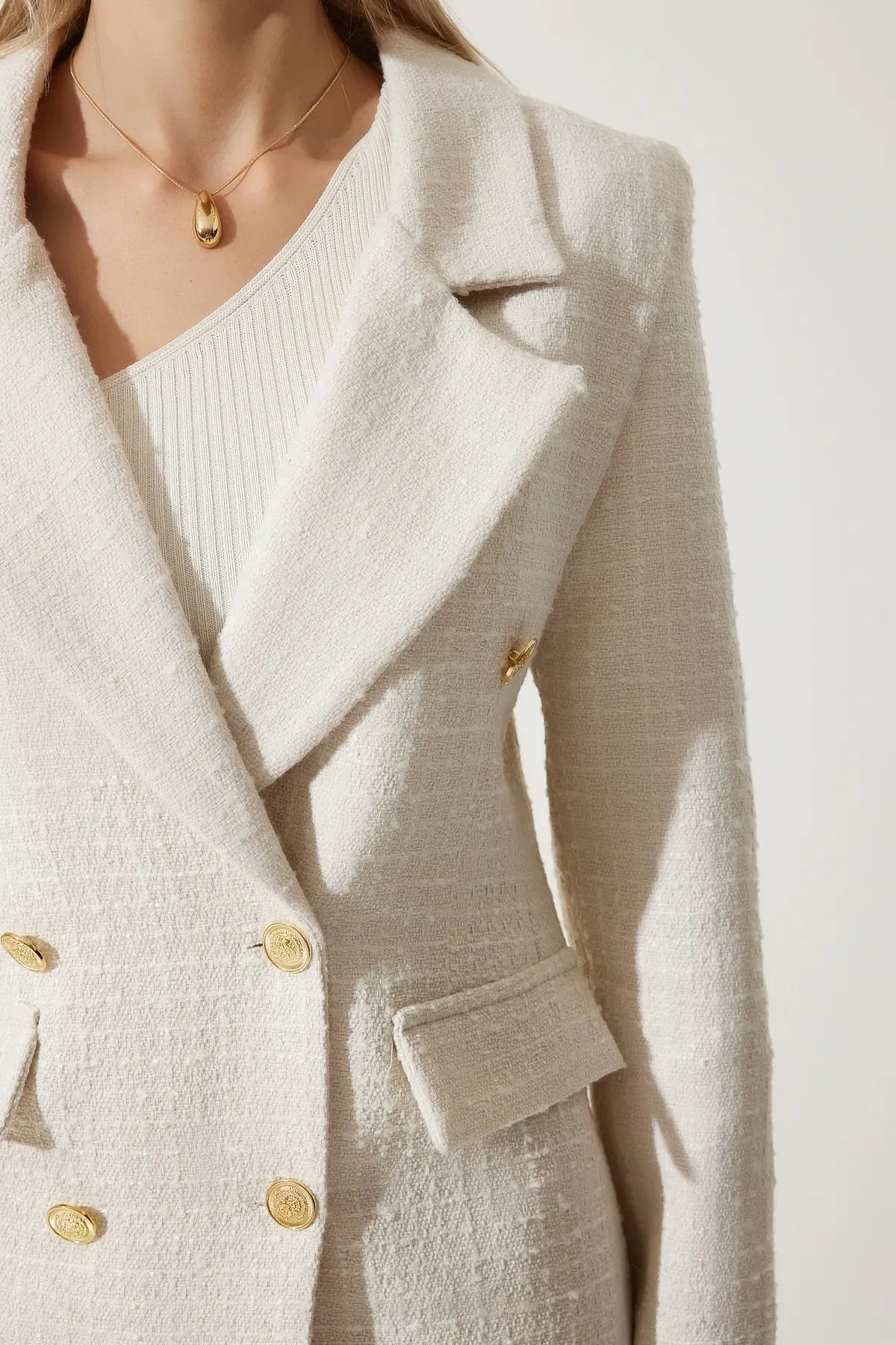 Cream Buttoned Blazer Tweed Jacket