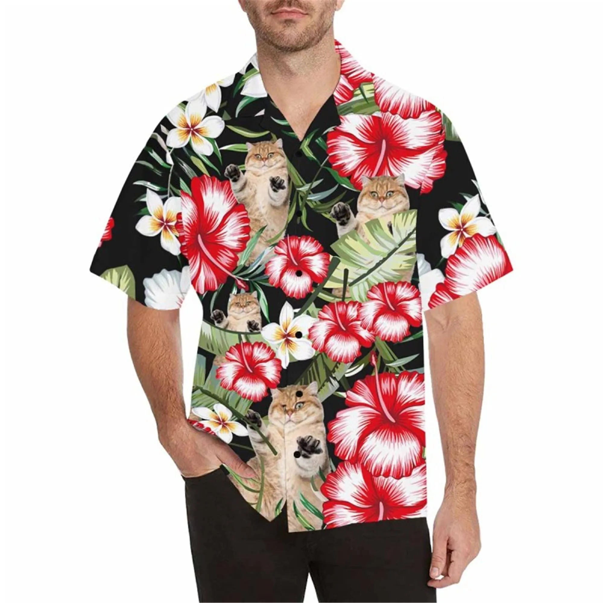 Custom Hawaiian Shirt with Dog for Men Personalized Turtle Leaf Button Short Sleeve Hawaii Shirt Regular Floral Beach Shirt