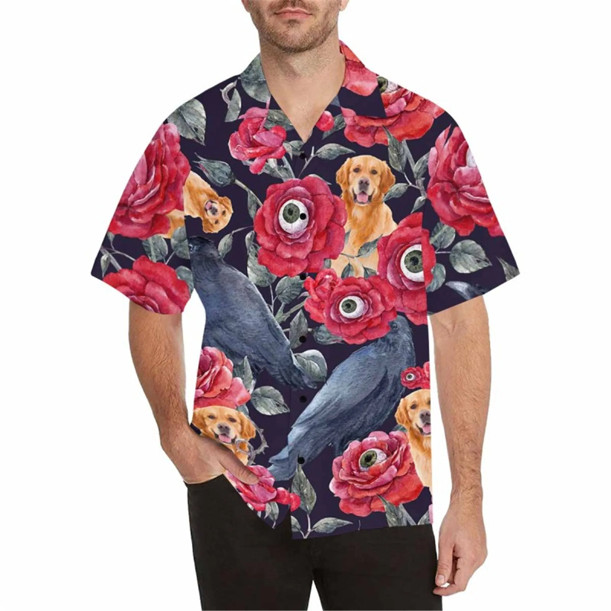 Custom Hawaiian Shirt with Dog for Men Personalized Turtle Leaf Button Short Sleeve Hawaii Shirt Regular Floral Beach Shirt