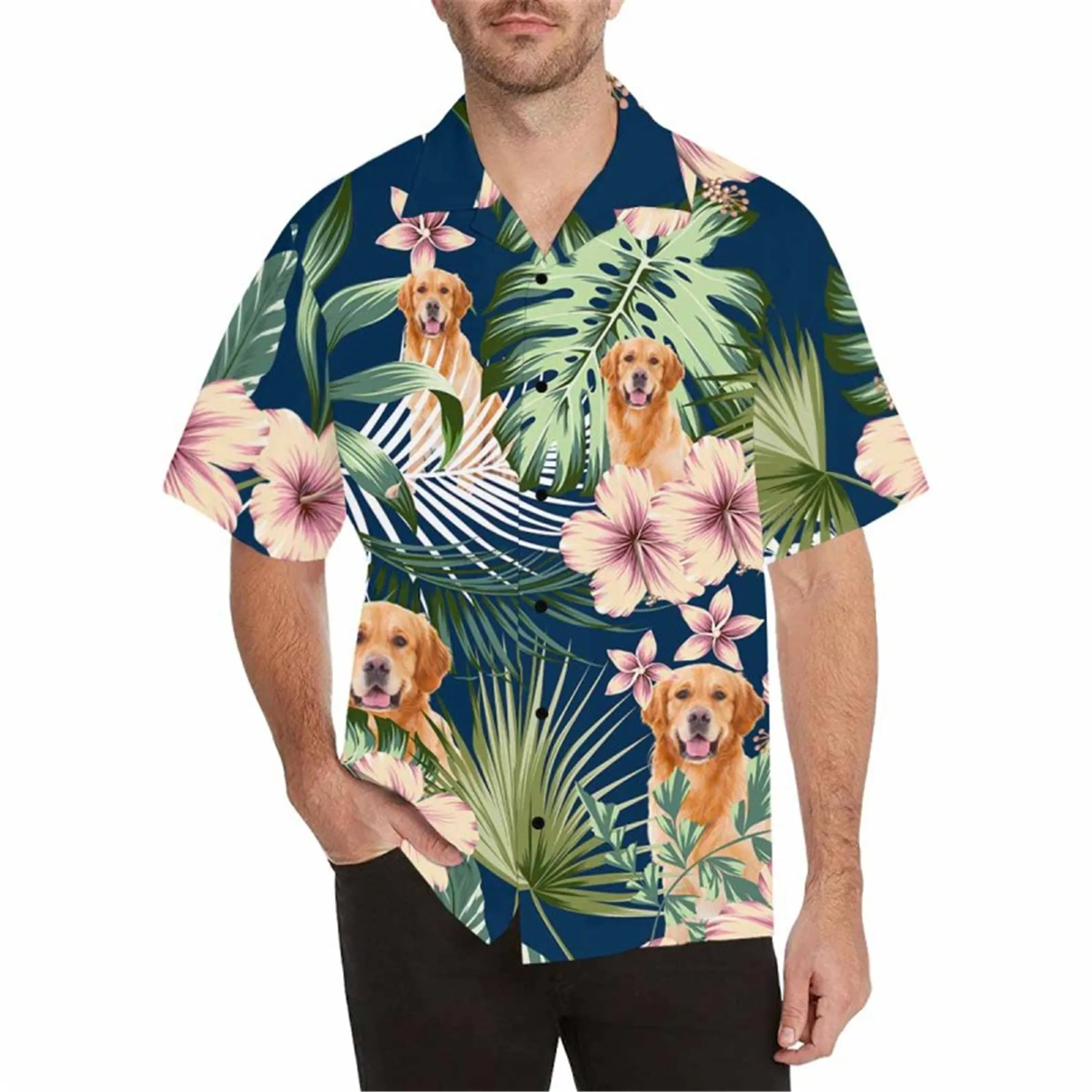 Custom Hawaiian Shirt with Dog for Men Personalized Turtle Leaf Button Short Sleeve Hawaii Shirt Regular Floral Beach Shirt