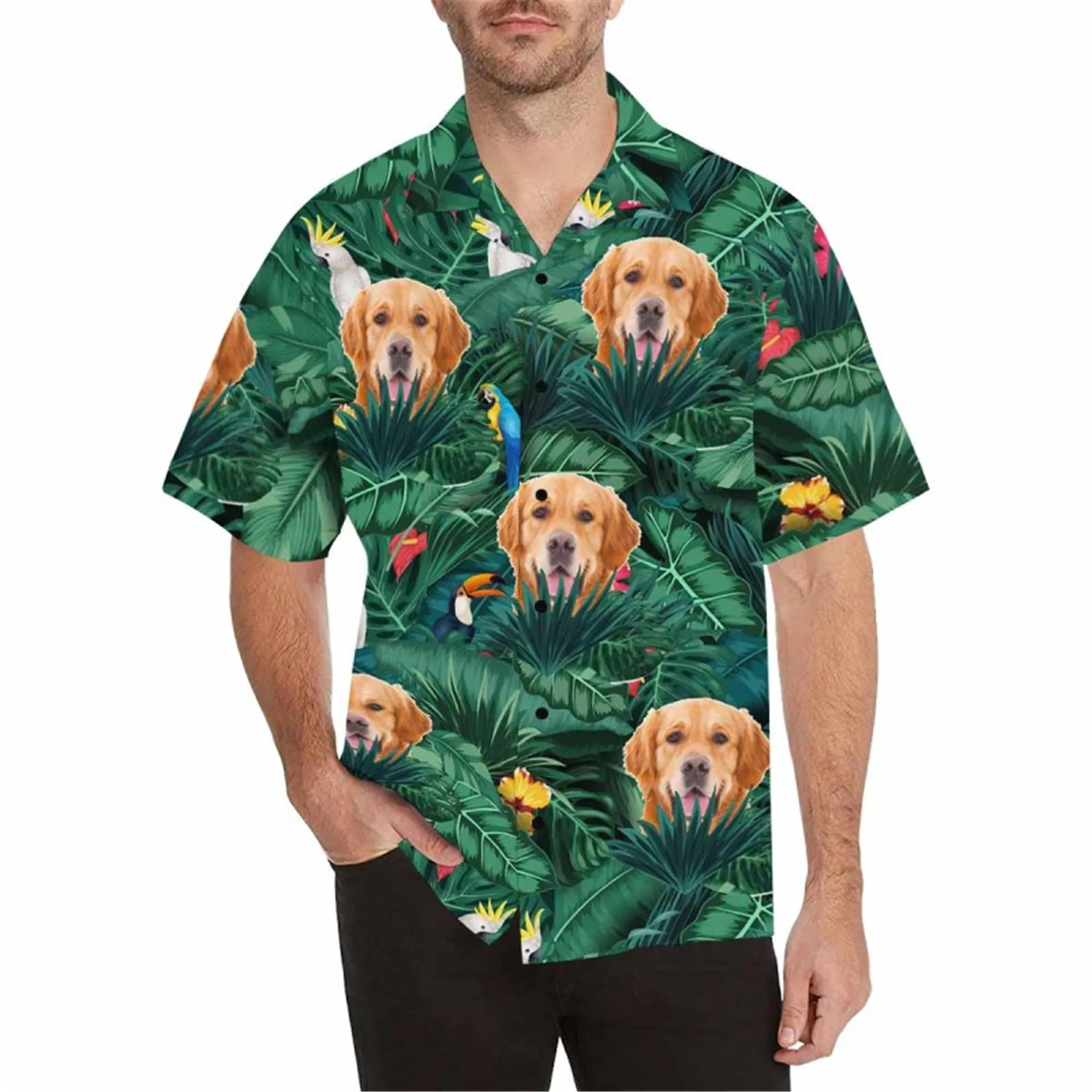 Custom Hawaiian Shirt with Dog for Men Personalized Turtle Leaf Button Short Sleeve Hawaii Shirt Regular Floral Beach Shirt