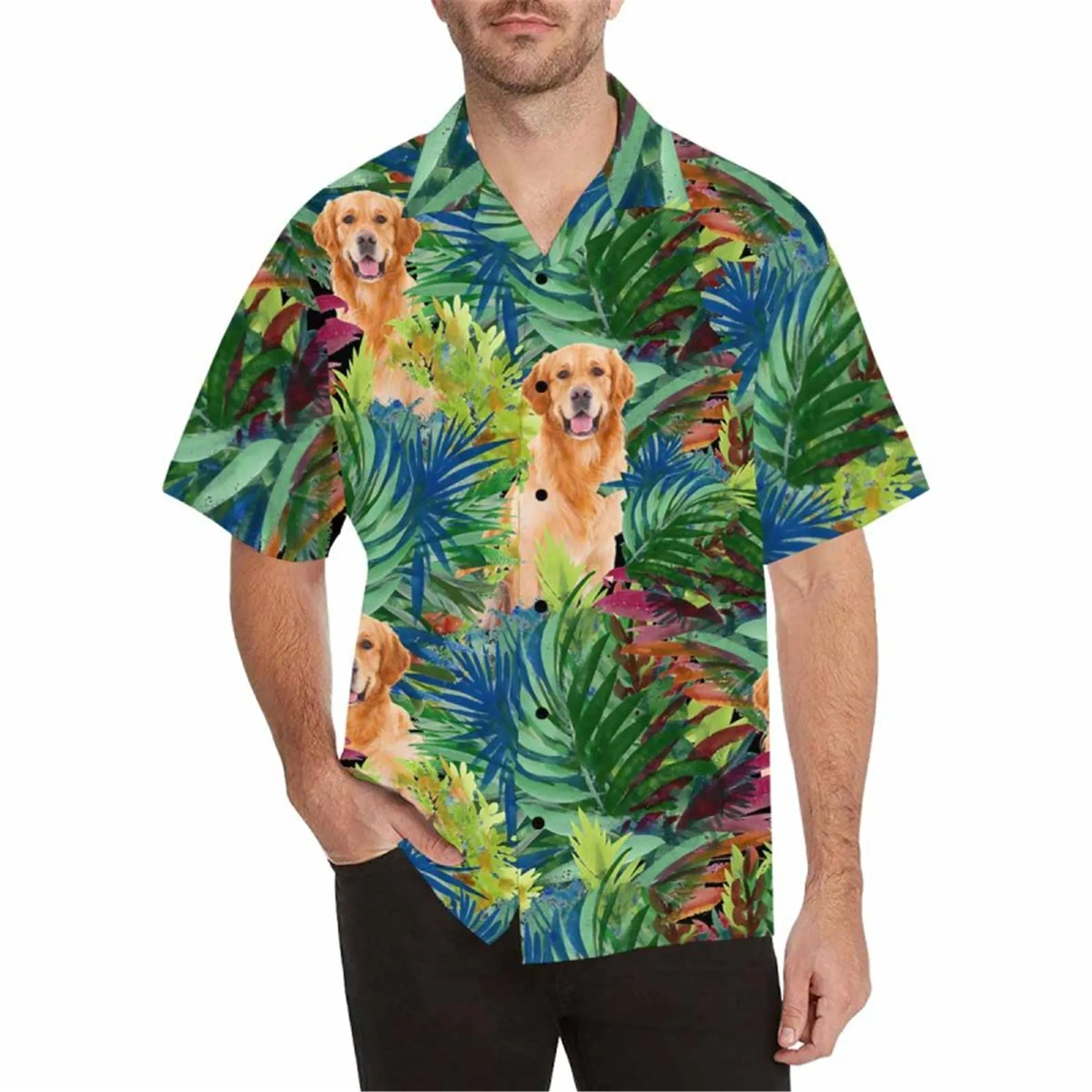 Custom Hawaiian Shirt with Dog for Men Personalized Turtle Leaf Button Short Sleeve Hawaii Shirt Regular Floral Beach Shirt