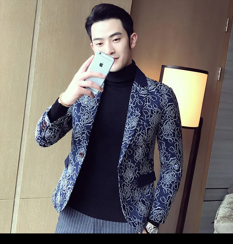 Dark Rose Jacquard Party Men Slim Fit Blazer