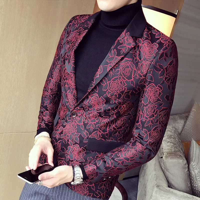 Dark Rose Jacquard Party Men Slim Fit Blazer