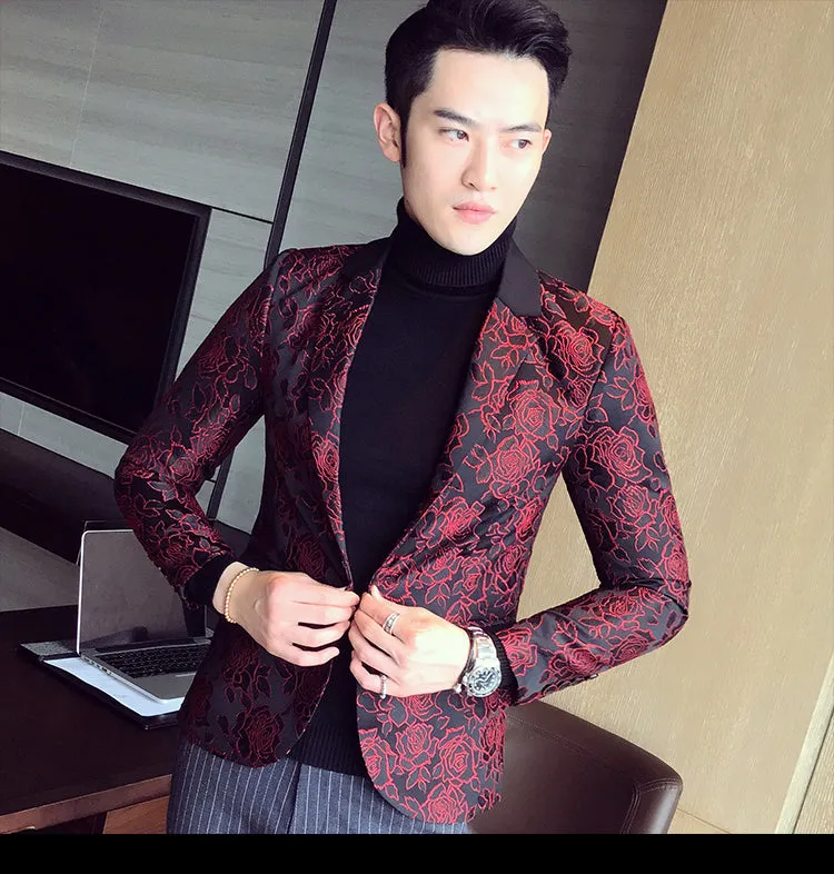 Dark Rose Jacquard Party Men Slim Fit Blazer