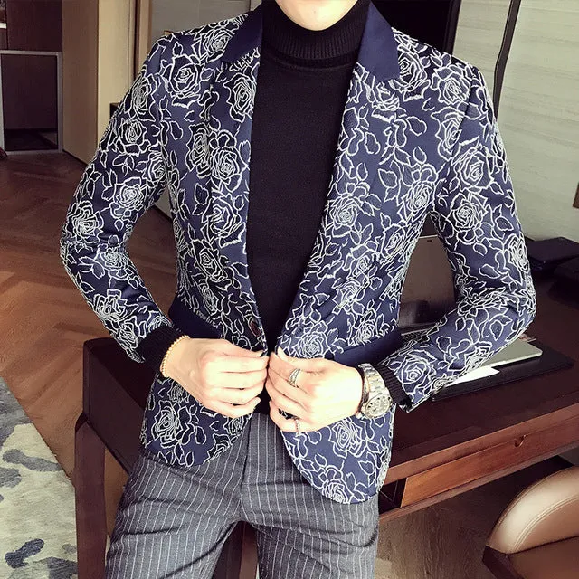 Dark Rose Jacquard Party Men Slim Fit Blazer