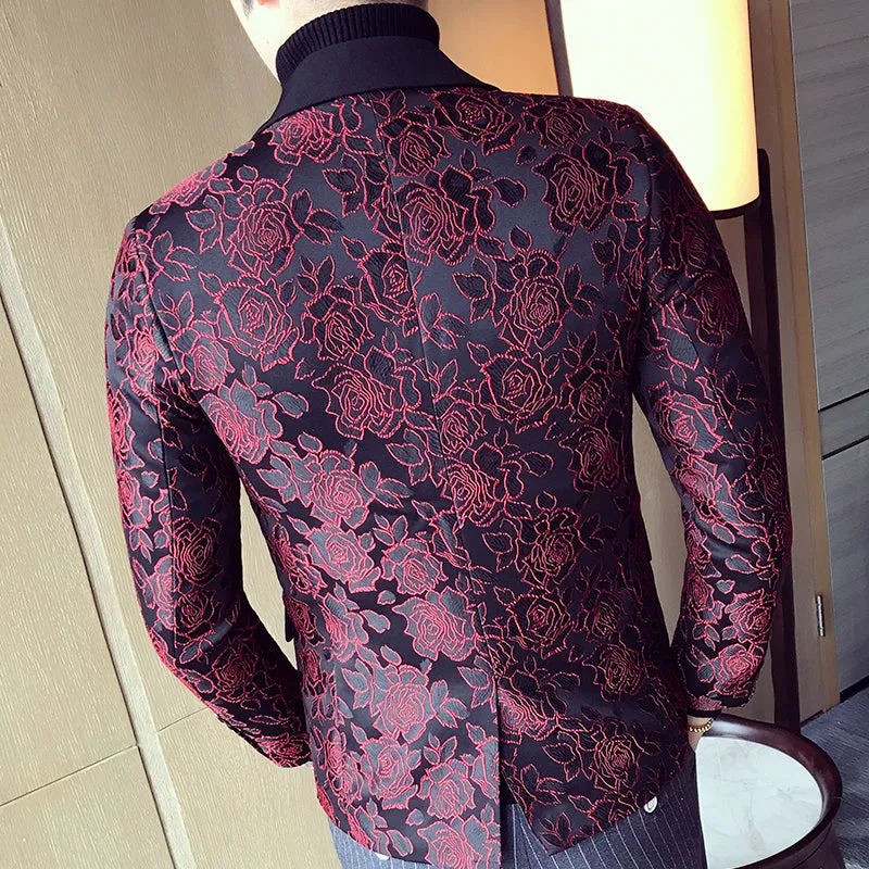Dark Rose Jacquard Party Men Slim Fit Blazer