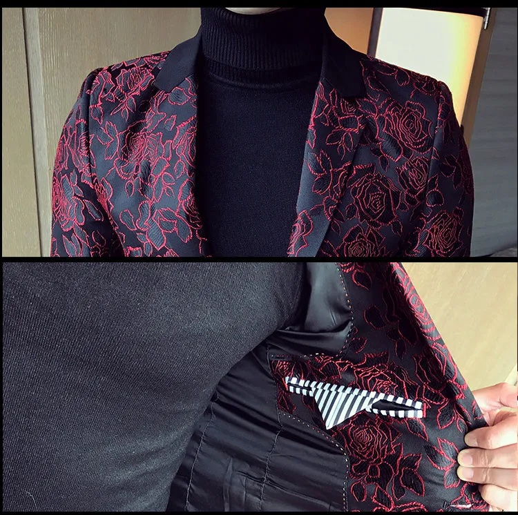 Dark Rose Jacquard Party Men Slim Fit Blazer