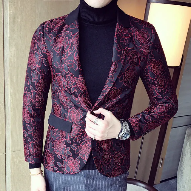 Dark Rose Jacquard Party Men Slim Fit Blazer