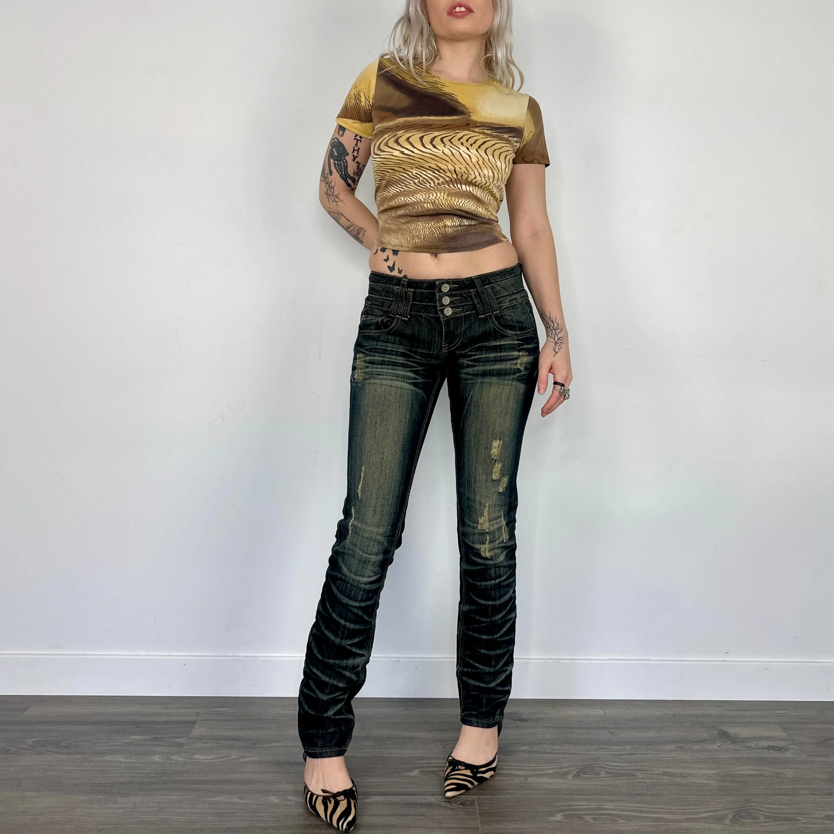 Dark Washed Distressed Skinny Denim (XS/S)