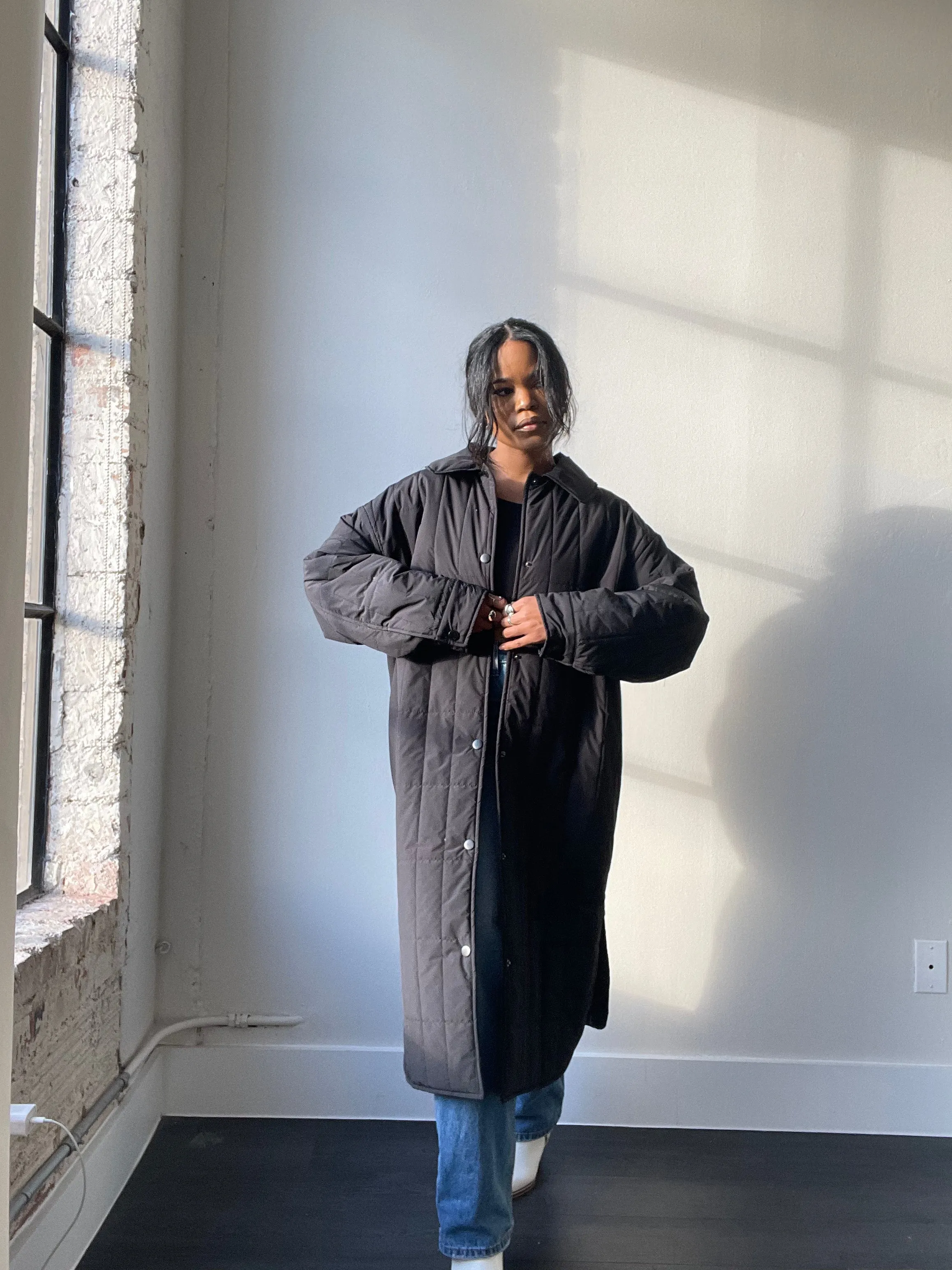 David Maxi Snap Overcoat In Black