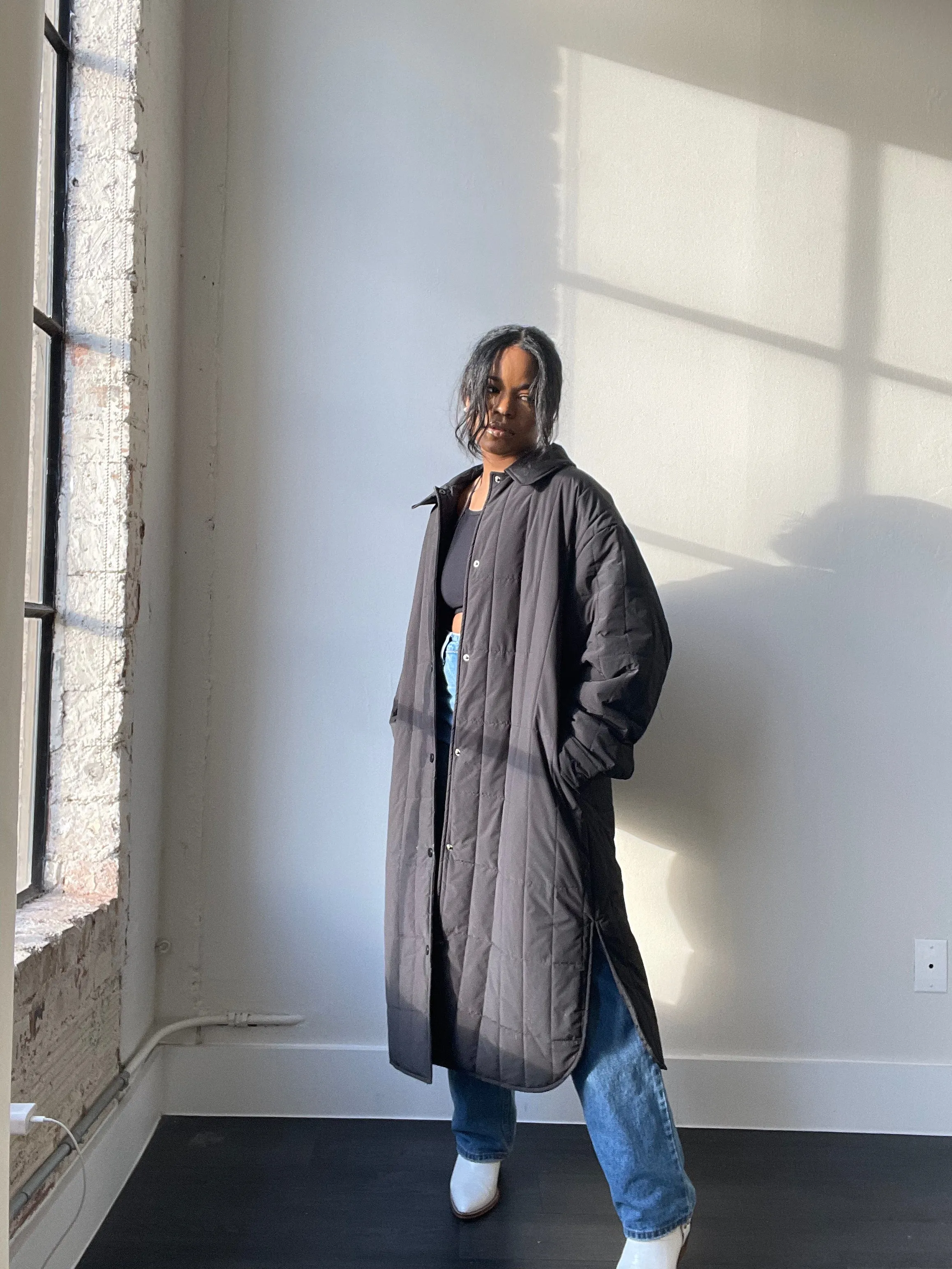 David Maxi Snap Overcoat In Black