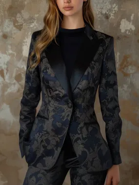 Deep Navy Satin Jacquard Blazer with Elegant Floral Pattern