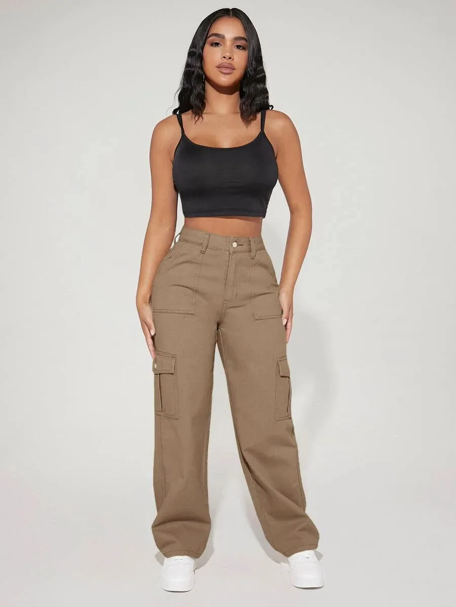 Denim High Waist Flap Pocket Side Cargo Jeans