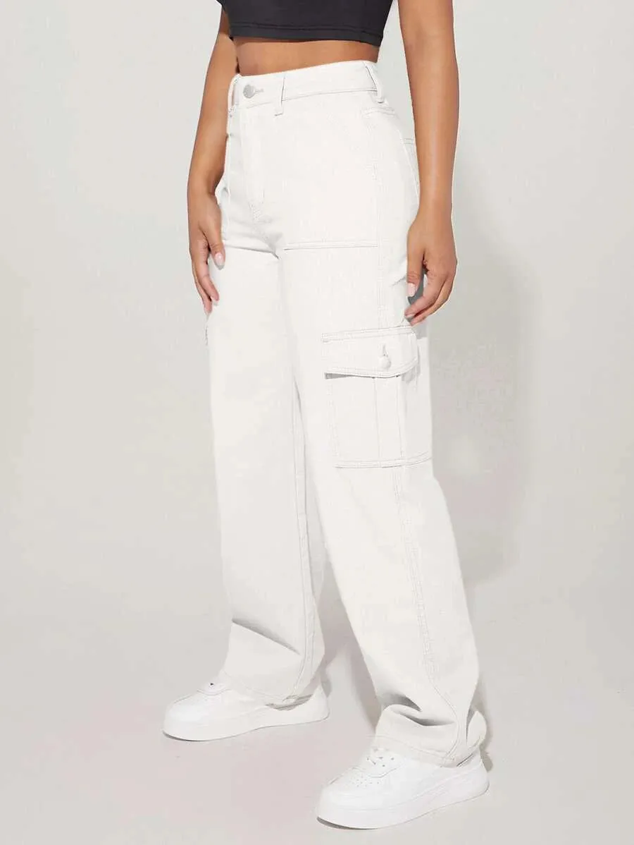 Denim High Waist Flap Pocket Side Cargo Jeans