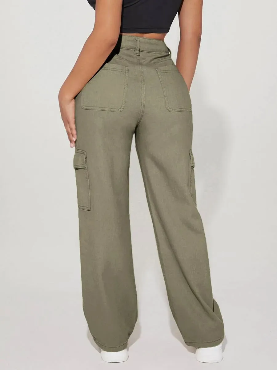 Denim High Waist Flap Pocket Side Cargo Jeans