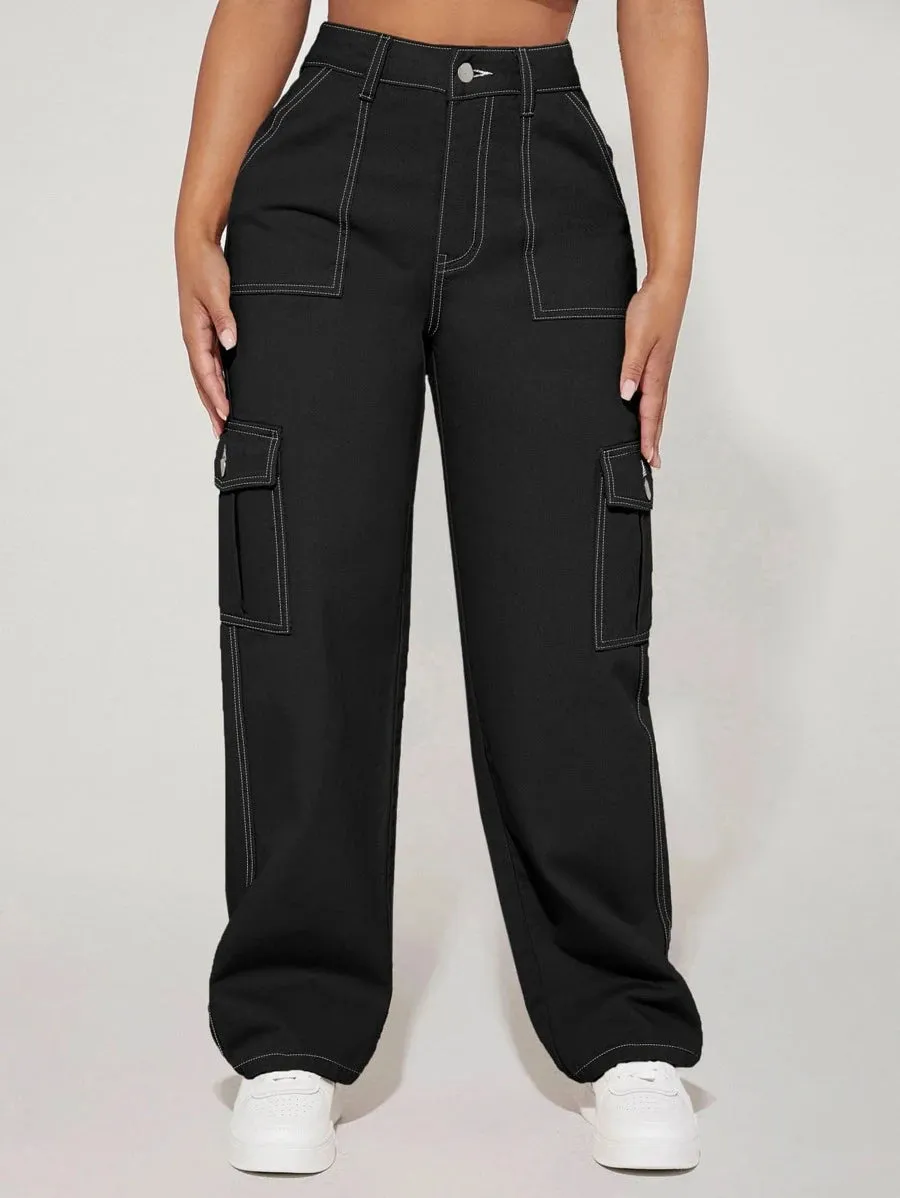 Denim High Waist Flap Pocket Side Cargo Jeans