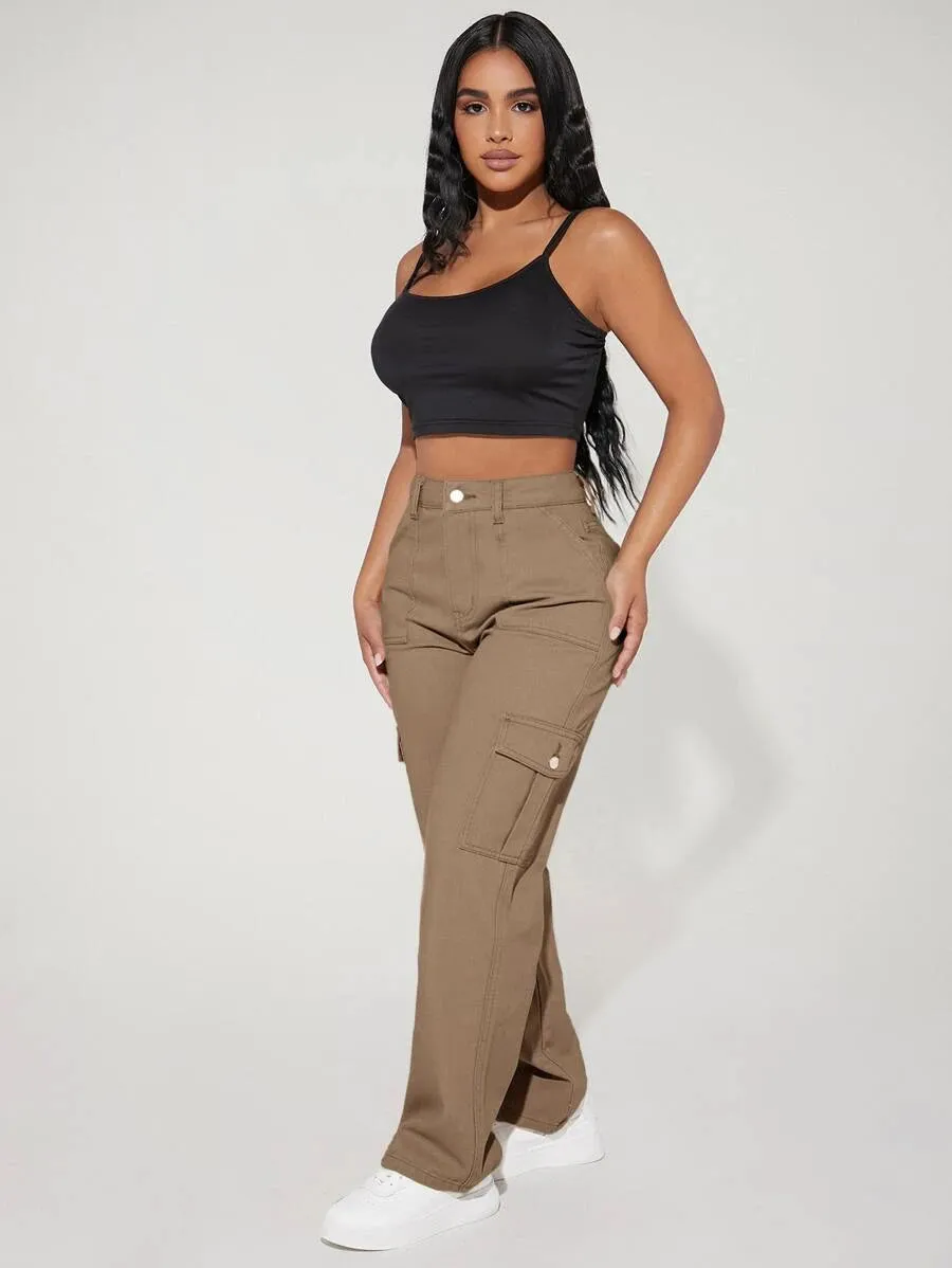 Denim High Waist Flap Pocket Side Cargo Jeans
