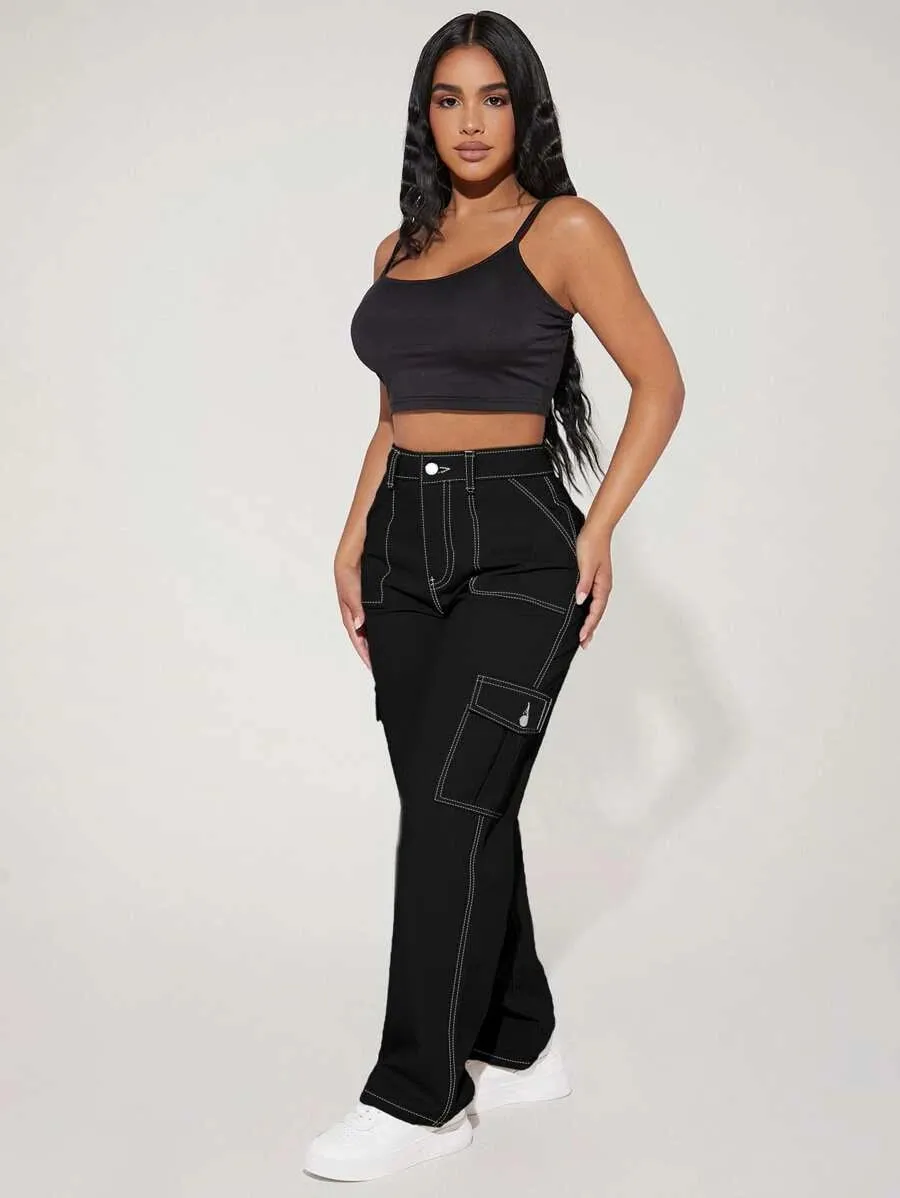 Denim High Waist Flap Pocket Side Cargo Jeans