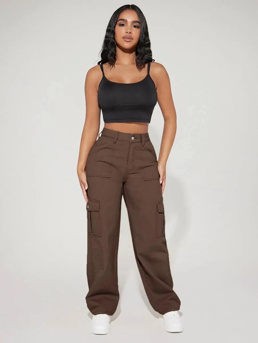 Denim High Waist Flap Pocket Side Cargo Jeans