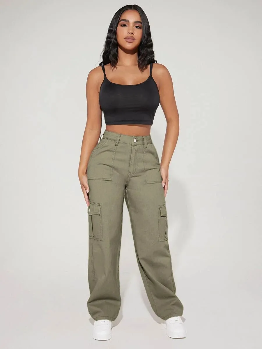 Denim High Waist Flap Pocket Side Cargo Jeans
