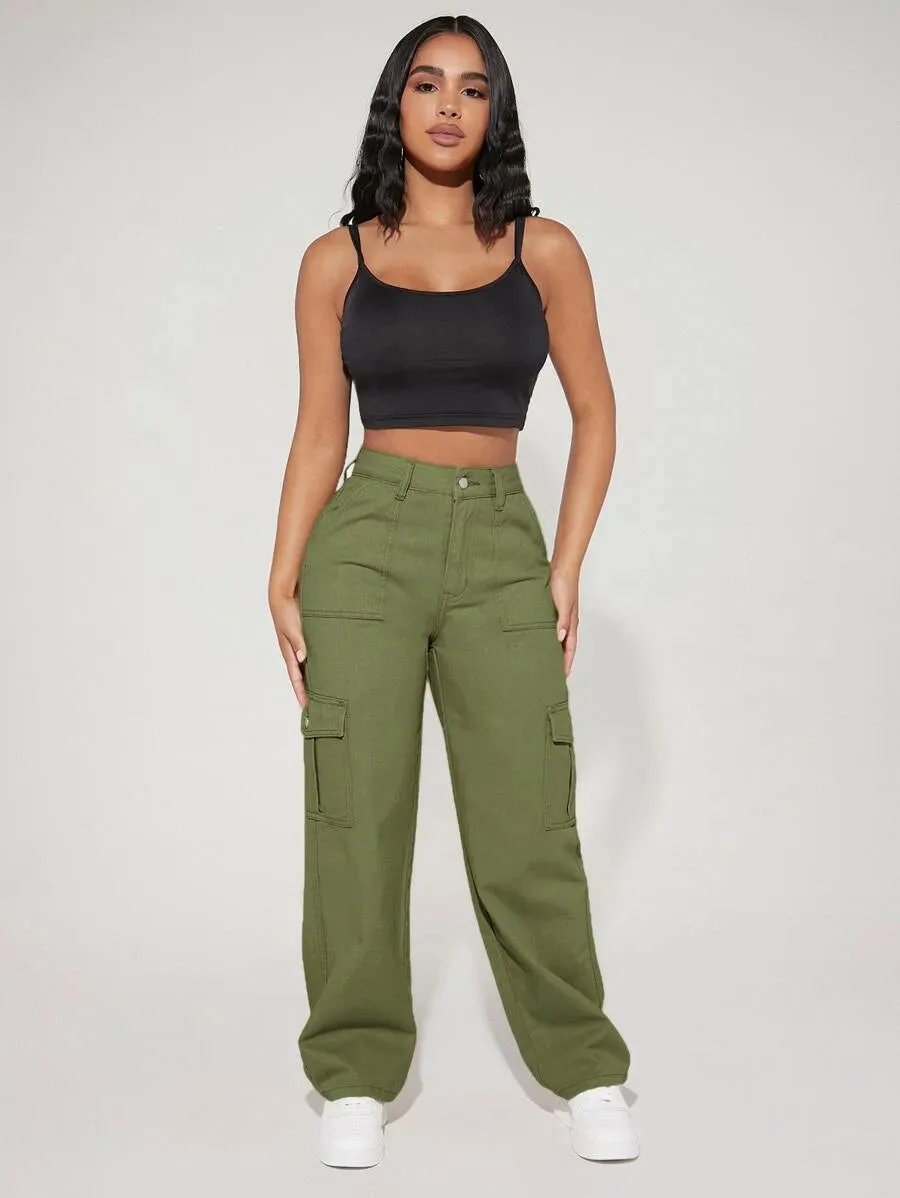 Denim High Waist Flap Pocket Side Cargo Jeans