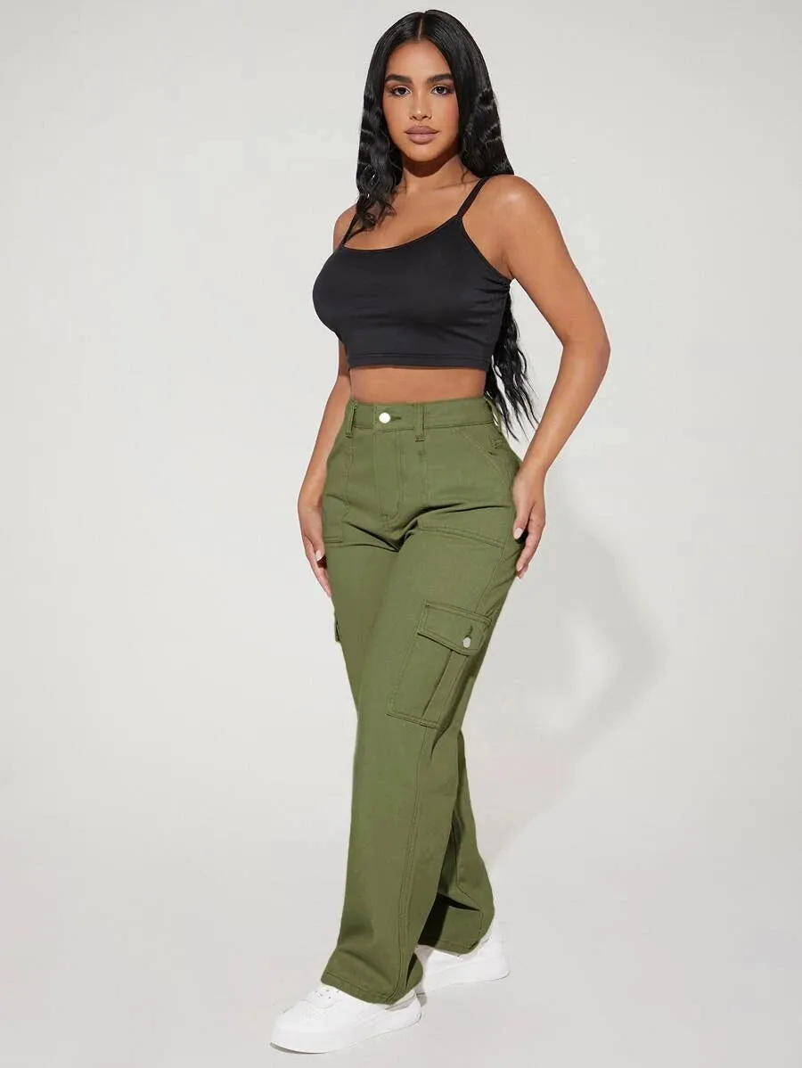 Denim High Waist Flap Pocket Side Cargo Jeans