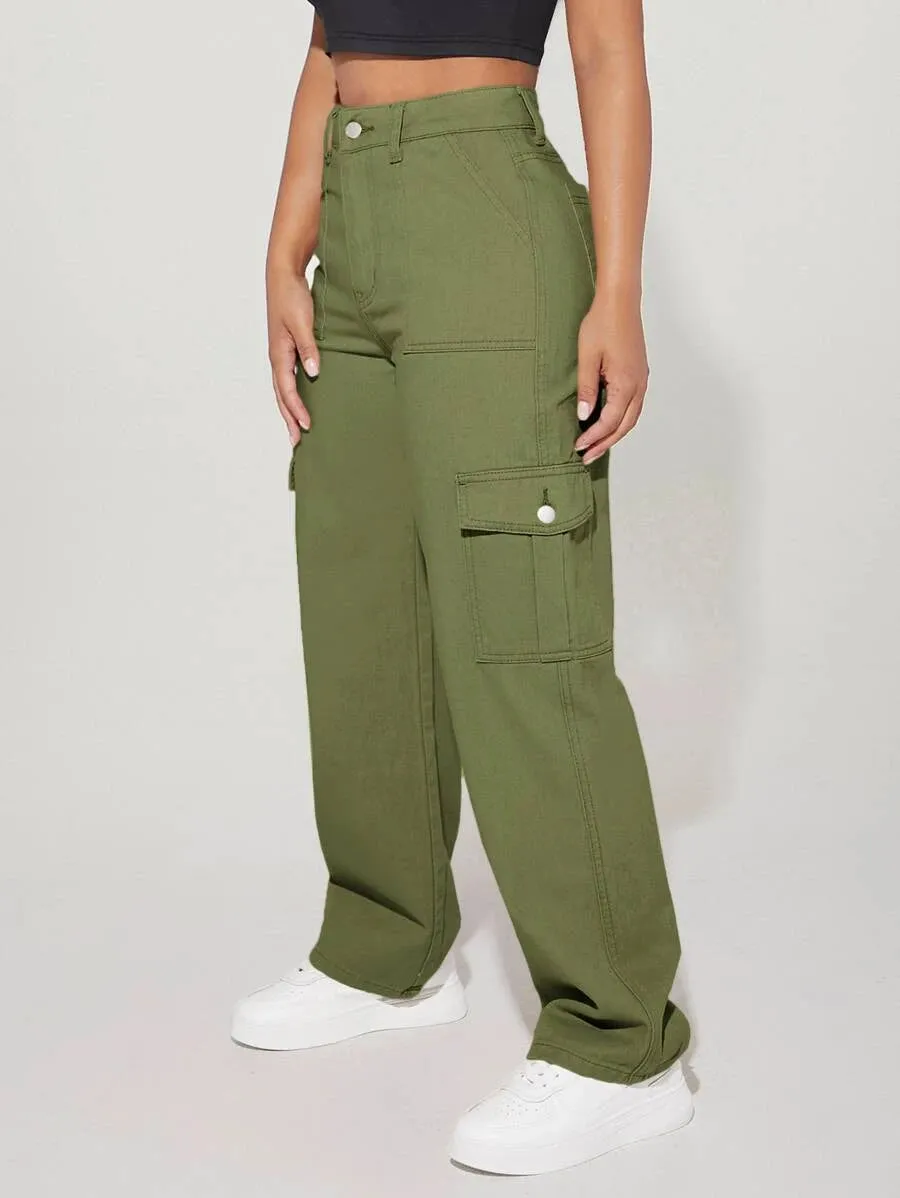 Denim High Waist Flap Pocket Side Cargo Jeans