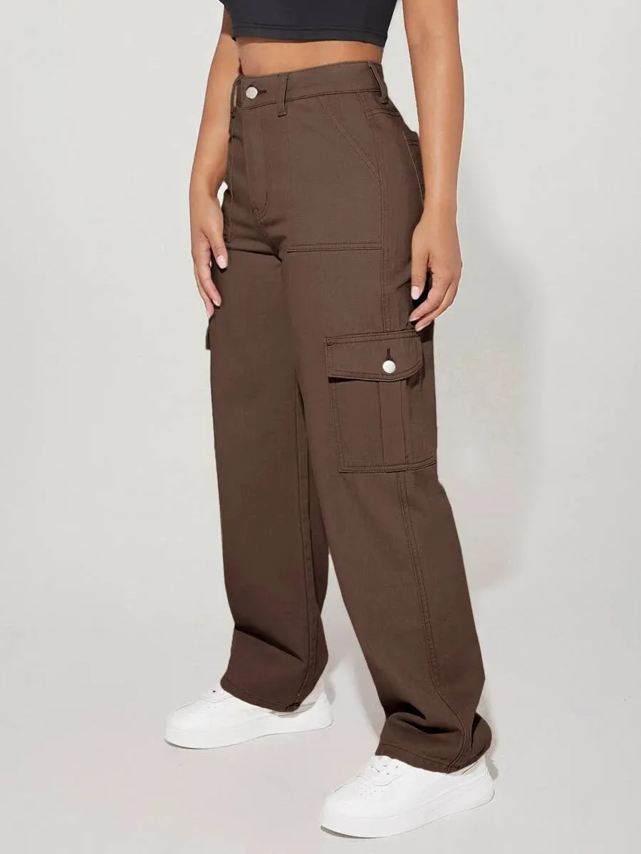 Denim High Waist Flap Pocket Side Cargo Jeans