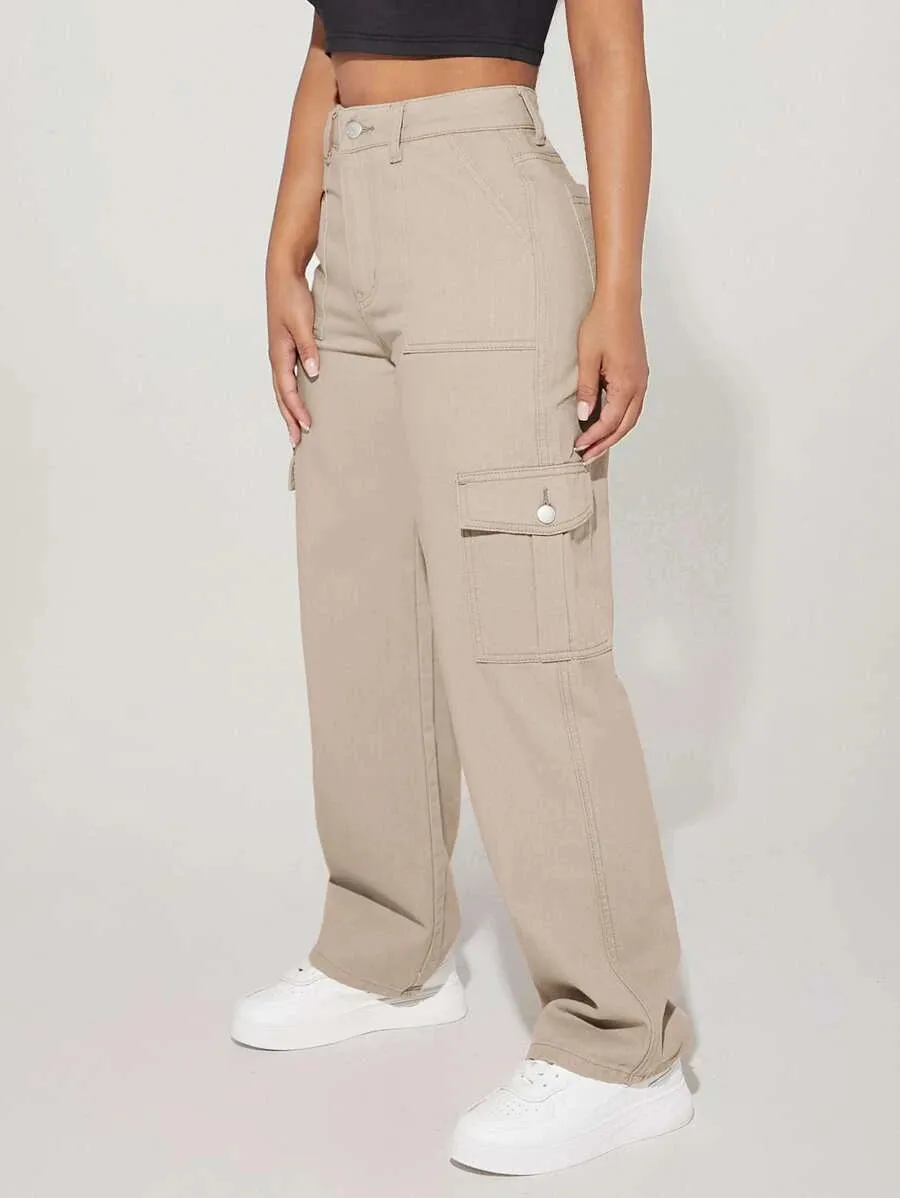 Denim High Waist Flap Pocket Side Cargo Jeans