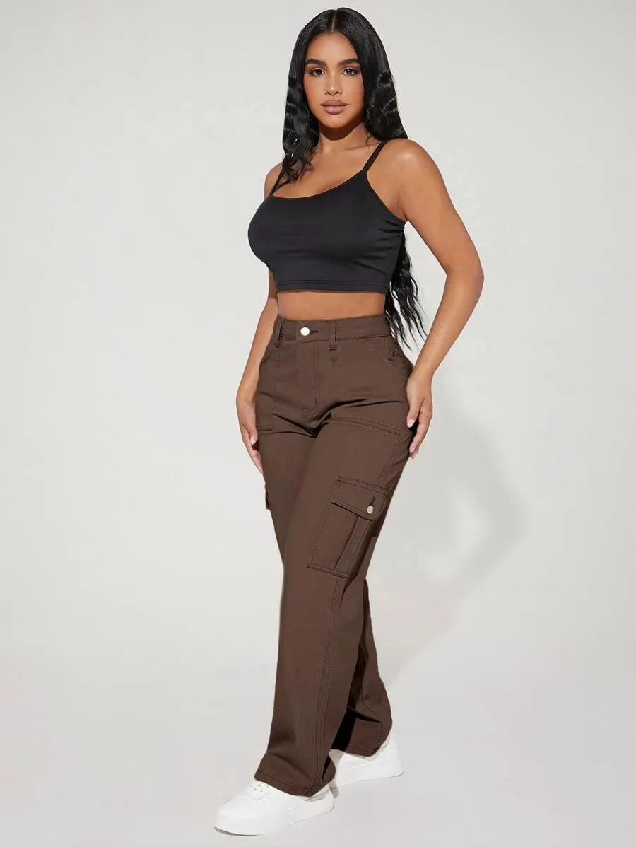 Denim High Waist Flap Pocket Side Cargo Jeans
