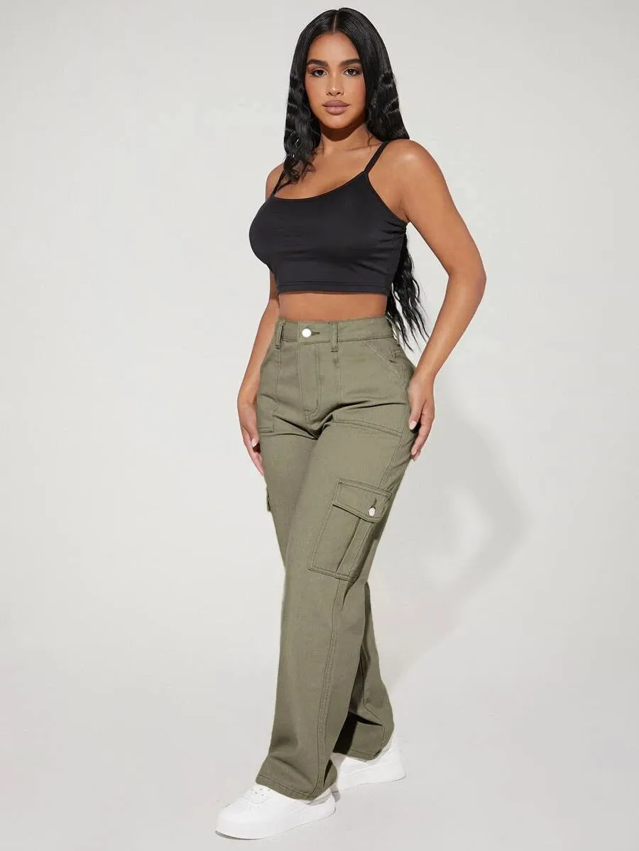 Denim High Waist Flap Pocket Side Cargo Jeans