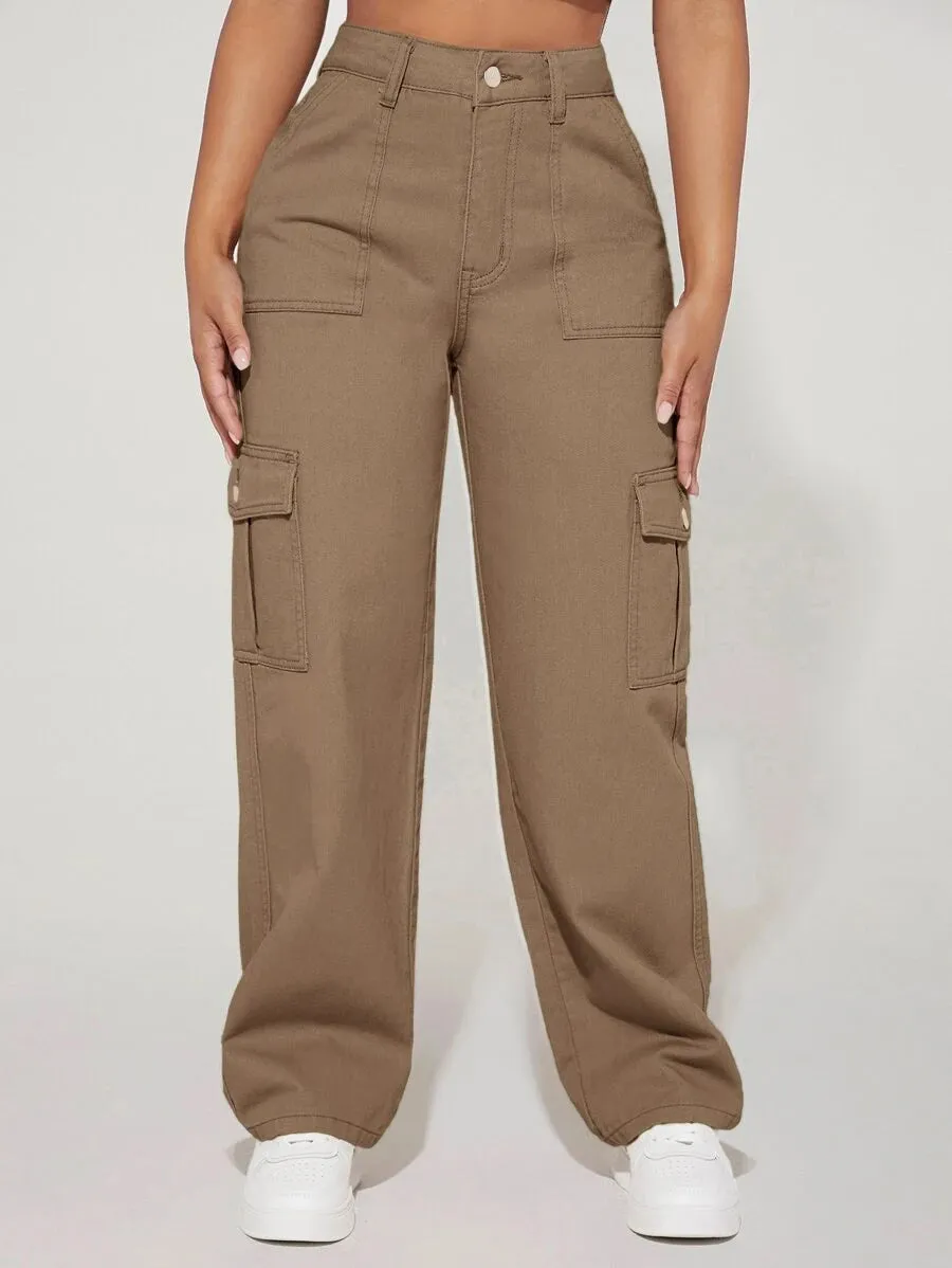 Denim High Waist Flap Pocket Side Cargo Jeans