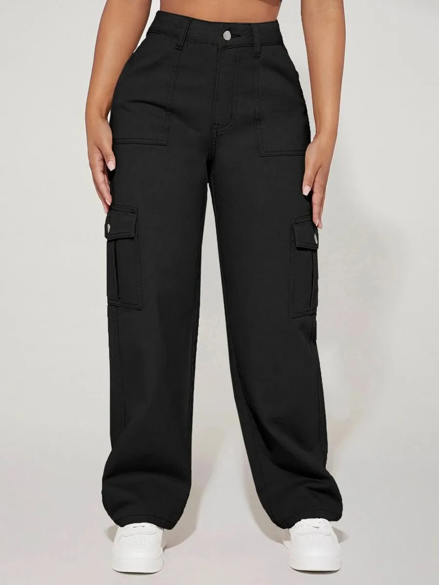 Denim High Waist Flap Pocket Side Cargo Jeans