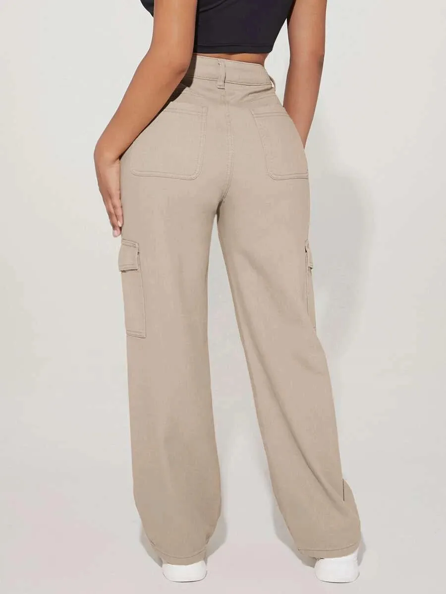 Denim High Waist Flap Pocket Side Cargo Jeans