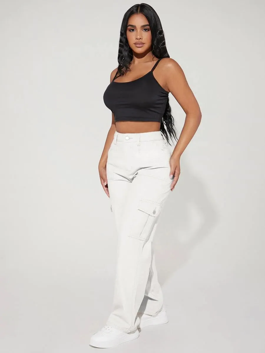 Denim High Waist Flap Pocket Side Cargo Jeans