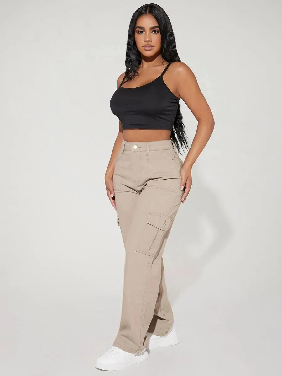 Denim High Waist Flap Pocket Side Cargo Jeans